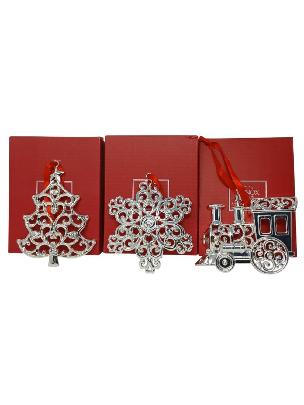 3 LENOX Christmas Ornaments Train Tree Snowflake SilverPlate W/ Red #D-16